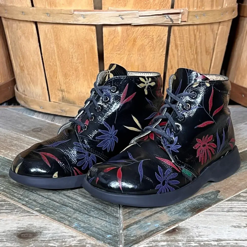 Aster Black Patent Leather Floral Flowers Multicolor Lace-Up Boots Youth EU 29